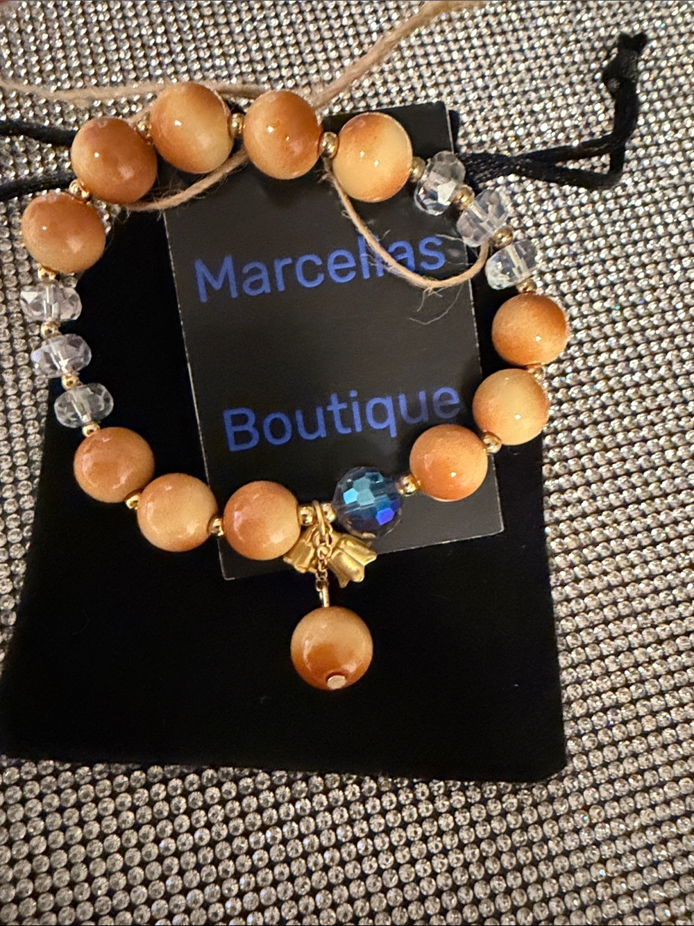 Gold-Tone Tan Beaded Bracelet with Blue Accent